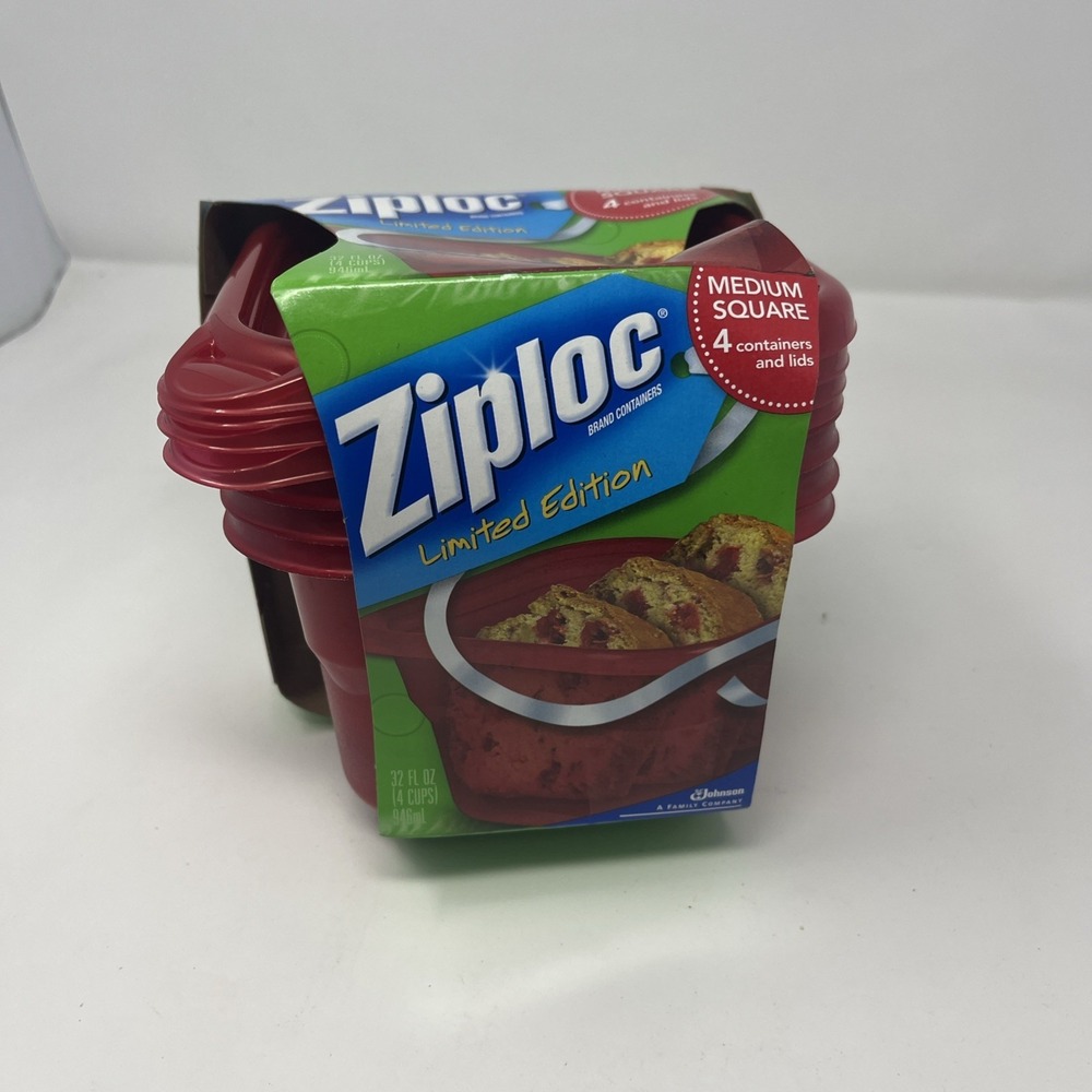 Ziploc Medium Square 4 Containers 4 Lids RED Limited Edition Holiday NOS